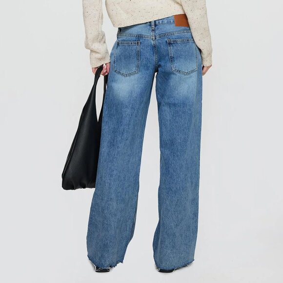Princess Polly Stretch Wide Leg Jeans With Raw Hem Size 12 - Picture 2 of 11